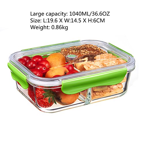 SELEWARE Lunchbox Kinder Glas mit Fächern Auslaufsicher Frischhaltedosen lock mit Deckel Mikrowellengeeignet 100% BPA frei Lebensmittelbehälter Groß Lebensmittelbox Frischhaltebox Bento Box Ofen Gefrierschrank Spülmaschine Safe für Erwachsene Rechteck Grün 1040ML - 2