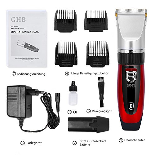 GHB Herren Kinder Profi Elektrischer Haarschneider Set Netz und Akkubetrieb Haarschneidemaschine mit 4 Aufsätzen Bartschneider Haartrimmer für Friseur Salon oder Privaten Gebrauch Rot - 8
