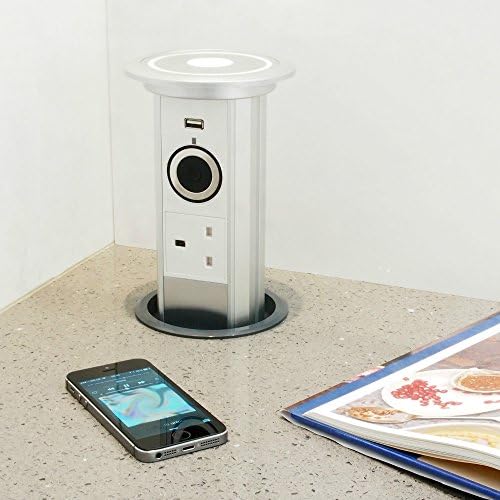 FITTINGSCO Pop Up Socket | Motorised Power Socket With Built-In USB Cell Phone &amp; Tablet Charger, Audio Speaker, Wireless Bluetooth &amp; LED Lights | Ideal For Home Kitchen Work