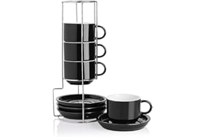SWEEJAR Home Tazze da caffè in porcellana con piattini, 237 ml, impilabili, con supporto in metallo, per bevande caffè, latte, tè, set da 4(nero)