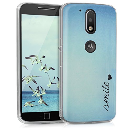 kwmobile Funda para Motorola Moto G4   Moto G4 Plus - forro de TPU silicona cover protector para m  vil - Case Dise  o Smile con coraz  n azul turquesa