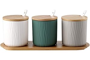 OnePine Set di 3 Tre Colori Zuccheriera, Zuccheriera in Ceramica Rotonda con Coperchio e Cucchiaio, Design Elegante, per Casa e Cucina