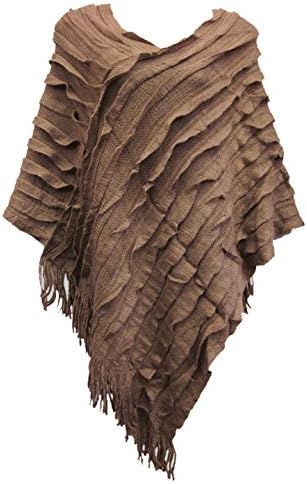 New Ladies Women's Asymmetric Tassel Fringe Poncho Long Slanted Cape Jumper-Ruffle Uk 8-14