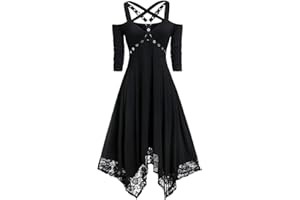 JERFER Robe Vintage Femme Robe Gothique à Manches Demi-Longues en Dentelle Grande Taille avec épaule Ouverte