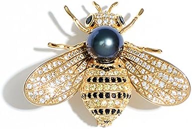RSPrime Bee Brooch Pin Jewelry Insect Animal Honey Brooches Corsage Charm Collar Lapel Pin Bee Breastpin Lady Jewellery Gold Plated Crystal Rhinestone Round Freshwater Pearl Brooch (Black Pearl)