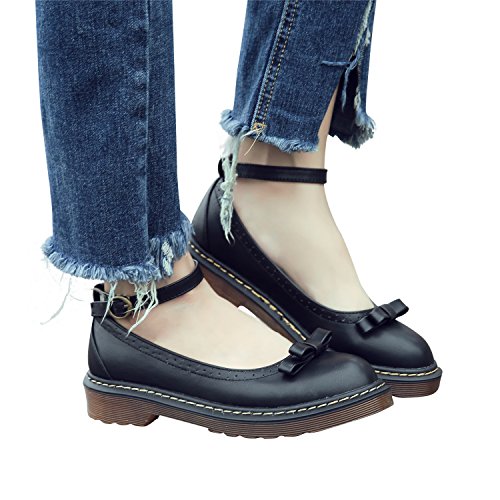 Smilun Damen Ballerina Rund Toe Knöchelriemchen Schleife - 6