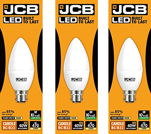 JCB 6w LED B22 Candle Bulbs Bayonet, 40w Incandescent Bulb Equivalent, 470lm, Warm White 3000k, Non Dimmable, LED Bayonet Bulb Candle Light Bulbs, 220-240v. Packs of 3 Units