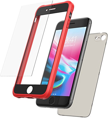Mobilyos Funda iPhone 8 360 Grados + Vidrio Templado, [Bumper Flexible Antigolpes ] [ Rojo y Negro ] Carcasa/Funda iPhone 7 Integral con Trasera Transparente Tintada