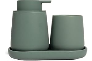 Autumnlife Badezimmer Set Grün, 3-teiliges Badezimmer Zubehör Set aus Keramik, Dekoratives Badzubehör Enthält Seifenspender Zahnputzbecher & Badablage für Schmuck, Geeignet für Bad,Waschbecken