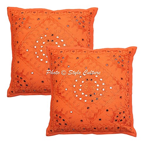 Cotton Orange Cushion Covers 16 by 16 Set of 2 Rajasthani Silk Thread Mirror Embroidered 40x40 cm Bedroom Square Pillow Covers
