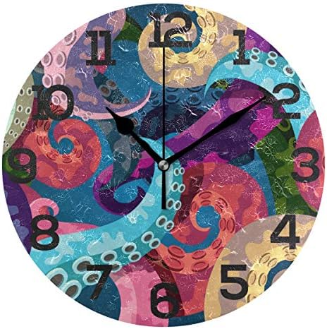 BONIPE Colorful Octopus Pattern Wall Clock Silent Non Ticking Acrylic 10 Inch Home Office School Decorative Round Clock Art