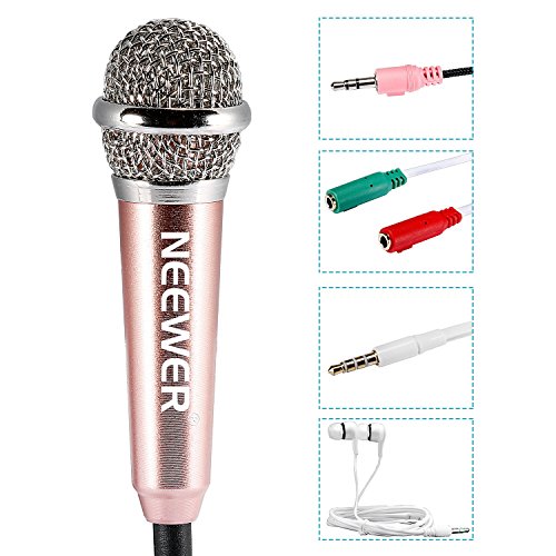 NeewerÂ® mini microfono a condensatore per dispositivi elettronici intelligenti iOS/Android/Windows (smartphone, notebook o computer), con cavo 3.5Â mm, auricolari, cavo di connessione 2-jack e supporto (oro)