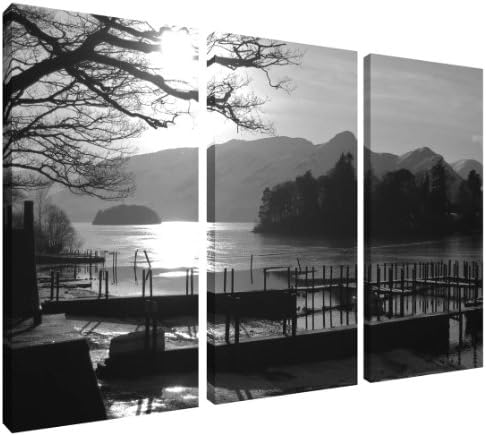 Black and White Canvas Picture Jetty at Derwentwater Lake District 3 Panel Split by Pixel Zone