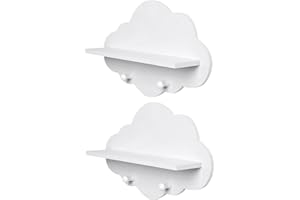 MOUNTTU Cloud Shelves, 2Pcs White Cloud Wall Shelves, Wood Floating Shelf with Hook, Nursery for Book Toys Storage Rack Room Decor.