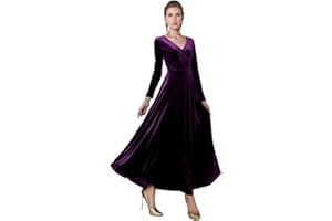 Urban GoCo Mujeres Vestidos Terciopelo Largo Elegante V-Cuello Manga Larga Maxi Vestidos para Cóctel Fiesta