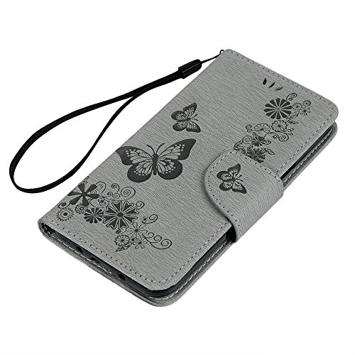 YOKIRIN Wallet Case für Samsung Galaxy J3 /J3 (2016) Schmetterling Blumen Muster PU Ledercase Cover Flipcase Handyhülle Folio Schutzhülle Protective Schale Flip Cover mit Standfunktion Kredit Kartenfächer in Gray - 2