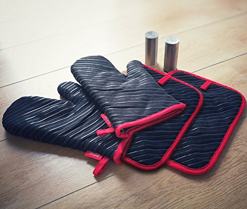 Deik Ofenhandschuhe und Topflappen,Hitzebeständige Handschuhe bis zu 240℃, Silikon Anti-Rutsch topfhandschuhe, Geeignet für Kochen, Backen, Grillen, Schwarz - 7