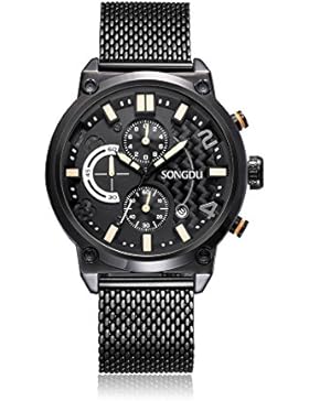 SONGDU Männer Stilvolle Sport-Design Quarz Armbanduhr mit schwarz Rennen Zifferblatt und Edelstahl Milanese...