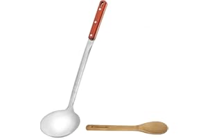 RUKAUF Cucharón estable de acero inoxidable, 44 cm de largo, diámetro de 11 cm, mango de madera, cucharón de sopa, cucharón de sopa estilo uzbeko para Kazan Kazan + cuchara de madera