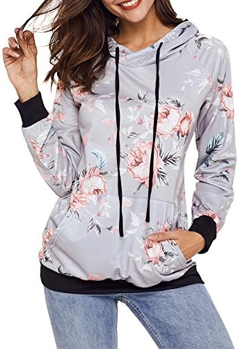 BOHISE Women's Casual Floral Print Hoodie Long Sleeve Sweatshirt Pullover Blouse Tops ,XX-Large ,French Grey