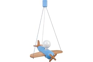 HELLUX Kinderzimmer Lampe Decke aus Holz | Deckenleuchten für Kinder | Kinderlampe Decke 70x42x41cm für Babyzimmer | Flugzeug Lampe E27 ohne Leuchtmittel (Blau/Naturholz)