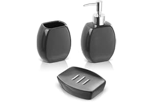 Inbagno Set Accessori Bagno Completo – 3 Pezzi in Ceramica, Kit Accessori da appoggio, Include Dispenser Sapone, portaspazzolini e portasaponetta (Grigio)