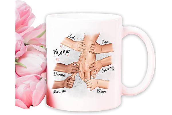 Générique Mug Mamie Papy Personnalisé avec Prénoms Petits-Enfants, Tasse Empreintes Cadeau Grands-Parents, Mug Personnalisé Famille Jusqu’à 6 Enfants(Grand-parent)