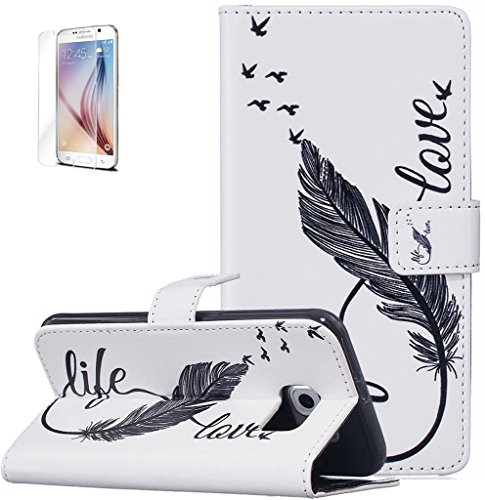 ISENPENK Samsung Galaxy S6/G920F(20015) Flip Case,Original Flip Bookstyle Cover Wasserdicht Shockproof Anti Slip Protection Leather Case,Feder Print Muster Pattern Wallet Case mit Intern Karte Schlitz,Anti-Sturz Stoßfest Stoßdämpfend Triangle Hemming Wallet Tasche,Magnetic Closure Schutzhülle mit Standfunktion und Handy Gürtel für Samsung Galaxy S6/G920F(20015) 5.1Zoll-[weiß#1]+Panzerglas Folie/Schutzfoile/Displayschutzfolie