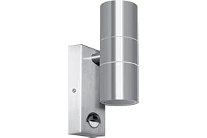Kerry Outdoor Wall Lights, Up and Down Lamp with Motion Sensor, IP44 Silver Stainless Steel Outside Lighting Mains Powered Fixtures, PIR Detector External Wall Sconce for Front Door, Porch, Garden