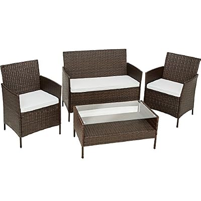 TecTake Ensemble de Jardin en Poly Rotin avec 1 Table Basse, 1 Canapé, 2 Chaises incl. Coussin d’assise Amovible | Meuble pour Balcon, Terrasse et Jardin