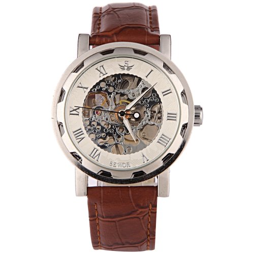 YESURPRISE Uhr Handaufzugswerk Mechanisch Uhr Herren Damen Armbanduhr Skelettuhr Watch Leder braun wei mit Etui