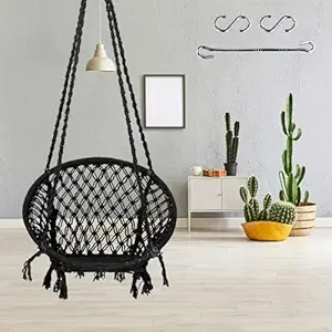 Swingzy Indian Cotton Rope Hanging Swing for Adults & Kids for Indoor, Outdoor, Home, Patio, Yard, Balcony, Garden (100 Kg Capacity, Black, Accessories Included)