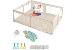 COMOMY Playpens for Babies and Toddlers, 200 x 160 cm Baby Playard Extra Large, Safe and Non-Slip Baby Fence, Full Mesh Design, Indoor & Outdoor Kids Activity Center, Baby Play Pens (Beige)