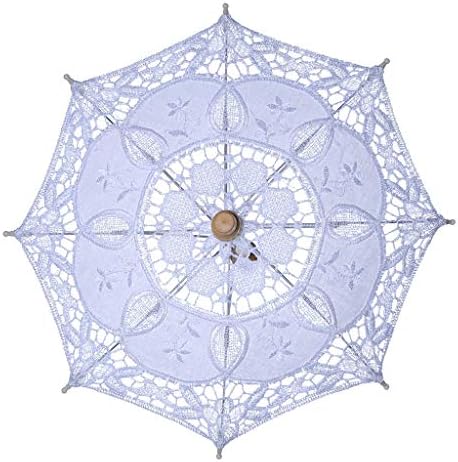 Fafalloagrron Womens Manual Opening Wedding Bridal Parasol Umbrella Hollow Out Embroidery Lace Solid White Color Romantic Photo Props with Wood Handle 8 Ribs (1)