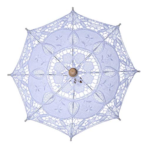Fafalloagrron Womens Manual Opening Wedding Bridal Parasol Umbrella Hollow Out Embroidery Lace Solid White Color Romantic Photo Props with Wood Handle 8 Ribs (1)