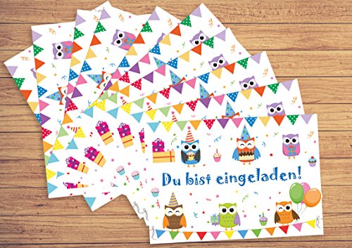 12 Einladungskarten zum Kindergeburtstag „Eulen“ // Geburtstagseinladungen Einladungen Geburtstag Kinder Erwachsene Jungen Mädchen Einladungstext 1. Vorlagen Karten Set - 4