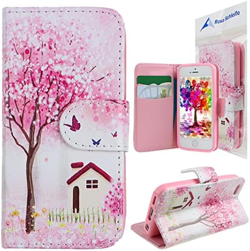 iPhone 5C Case Cover, Rosa Schleife® Luxury PU Leather Slim Multi Function Flip Folio Wallet Case with Credit Card Slots Phone Stand Function Magnetic Snap Pattern Screen Protector Cover for Apple iPhone 5C( Not compatible with Iphone 5 , 5S , IP4 ) - Pink Tree House