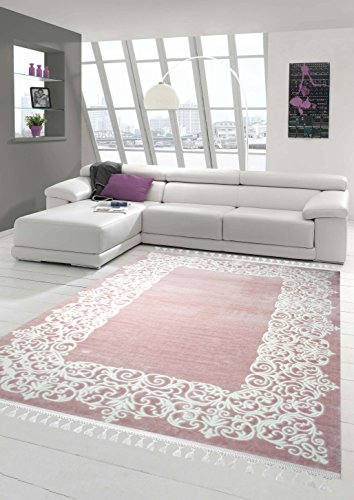 Designer Teppich Moderner Teppich Wollteppich Bordüre Design mit Fransen Wohnzimmer Teppich Rosa Creme Größe 80 x 300 cm