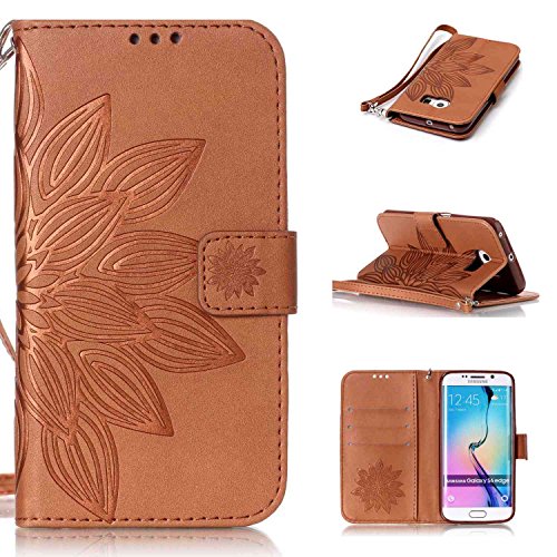 TOYYM Tasche Hülle für Samsung Galaxy S6 Edge,Flip Schutzhülle Zubehör PU Leder Handytasche 3D Braun Blume Muster Design im Bookstyle mit Ständerfunktion[Stand Feature] Kartenfächer für Samsung Galaxy S6 Edge Leder Cover - 2