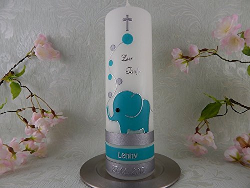 Taufkerze Elefant mint silber modern Taufkerzen Junge Mädchen 250/70 mm mit Name und Datum - 2