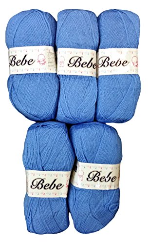 5 x 100g bravo Bebe Wolle zum stricken, häkeln und basteln, Farbe blau
