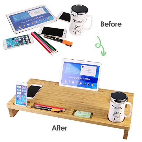 OULII Bambus-Monitorständer, erhöhter Holz-Schreibtisch für den Laptop mit Ablagefächern - 3