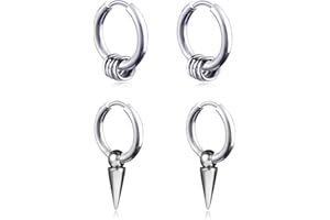 GULCEAN Mens Hoop Earrings With Cross Feather Cone Ball Chain Dangle Black Silver 316L Stainless Steel Punk Hip Hop Rock Gothic Style Kpop Asymmetric Earrings For Men Women