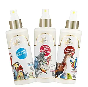 Pet Life Organic & Ayurvedic Birds Aloe Dry Bath Shampoo 200 Ml + Anti Ticks Birds Bath 200 Ml + Birds Sanitizer 200 Ml - Dry/Waterless/Spray for Poultry Birds/Parrots/Hens/Pigeons for All Bird Types