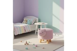 HODGE AND HODGE Wooden Animal Stool - 30cm Pig Design, Plush Faux Fur Seat with Removable Washable Cover, Child-Safe Durable Wooden Frame, Decorative Chair for Kids, Lightweight and Easy to Move