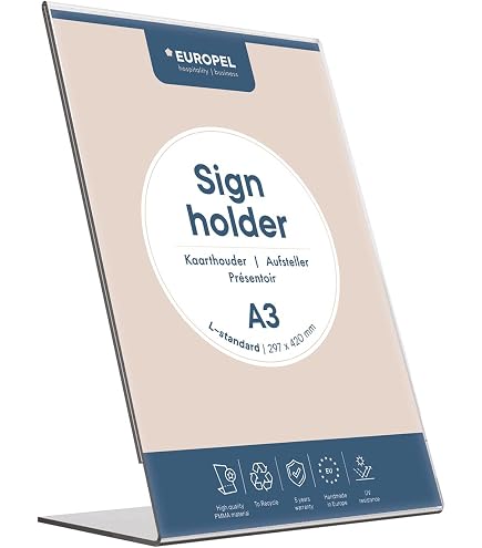 Support Plexiglass Supports En T Verre Acrylique VITAdisplays - Lot De 5, Format A4, Transparent, Fabrication Allemande Présentoirs A4 Transparents