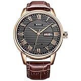 BUREI Mens Simple Luxury Day Date Armbanduhren mit Analog Quarz Zifferblatt römischen Ziffern Lederband (Schwarz-braun2)