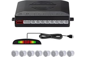 CUQI Sensori di Parcheggio, 8 Sensori di Parcheggio Anteriori e Posteriori con Segnalazione Acustica della Distanza Display a LED(8 Sensori, Argento)