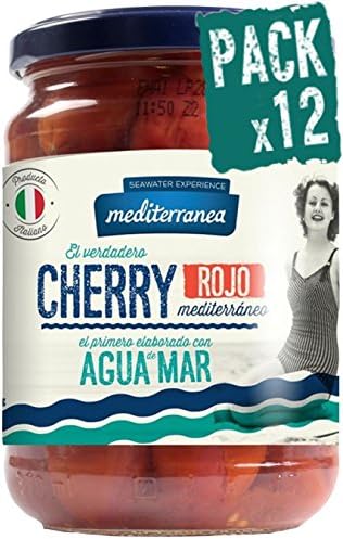 Pack 12 Bottle of red cherry tomatoes of 560 grams Mediterranean, 100% natural, made with seawater, hand-picked, GM-free, unique taste.