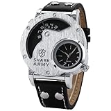 SHARK ARMY Herren Armbanduhr XL Analog Quarzuhr 2 Zeitzonen Schwarze Armband aus Leder SAW053